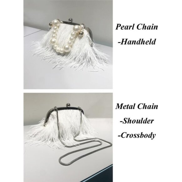 ⚡Women's Fluffy Ostrich Feather Pearl Banquet Evening White Clutch Bag - Picture 4 of 6